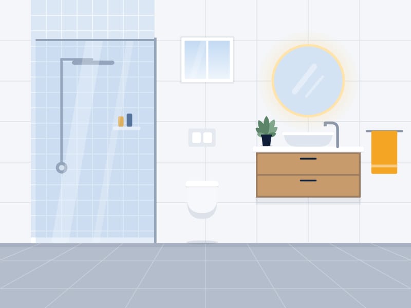 Banyo tadilatı sonrası: yeni seramikler, cam duş alanı ve modern lavabo dolabı